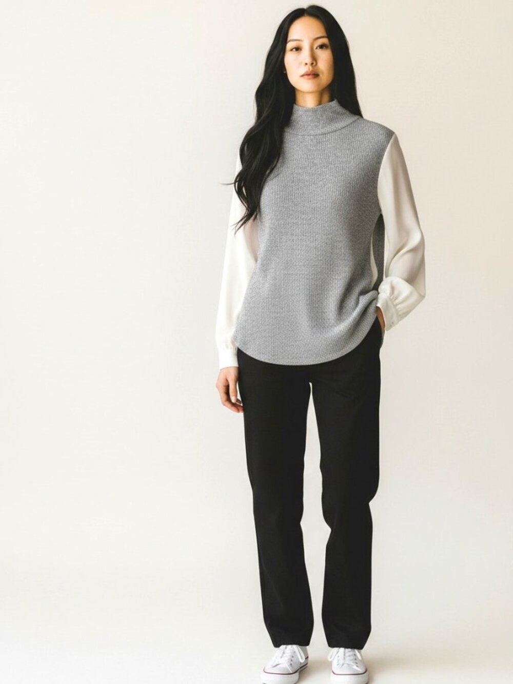 LOFT Mixed Media Gray Ribbed Tunic Turtleneck with Cream Satin Back
